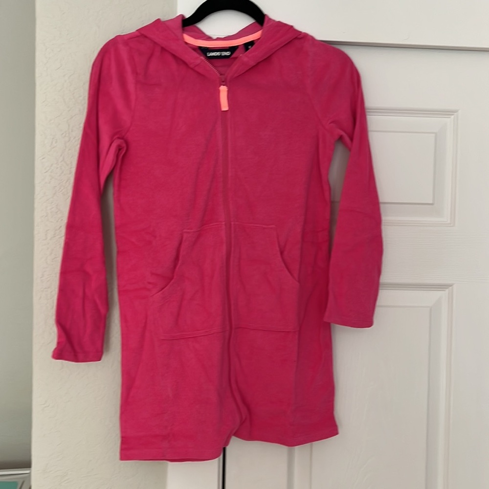 Lands End Girls Pink Hibiscus Terry Swim Cover Up, size M (10-12)